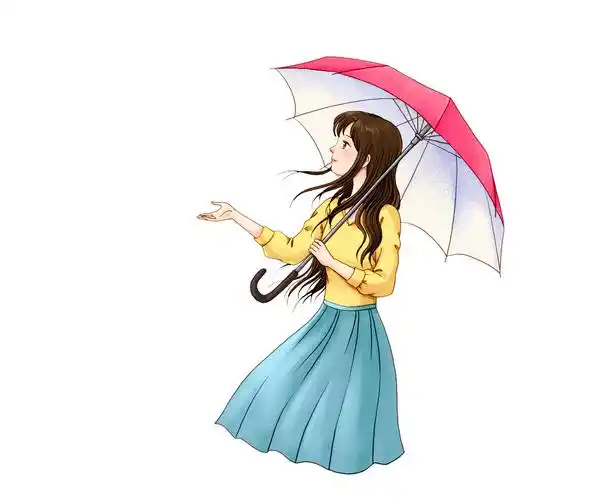 撑粉色伞的黄衣蓝裙少女