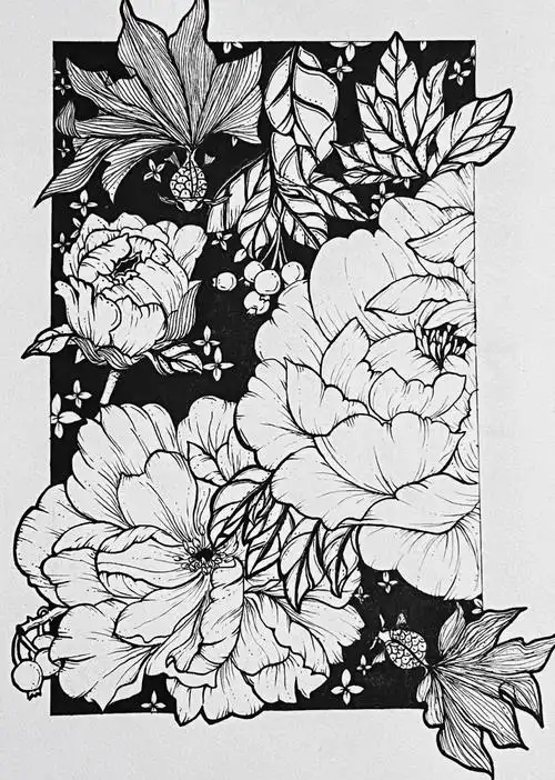 黑白花卉图案画