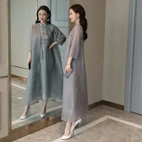 民族风连衣裙女夏装女士新品长裙流行中国风女装气质复古盘扣裙子