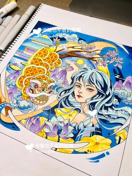 冷色调传承主题古风马克笔视传手绘装饰画