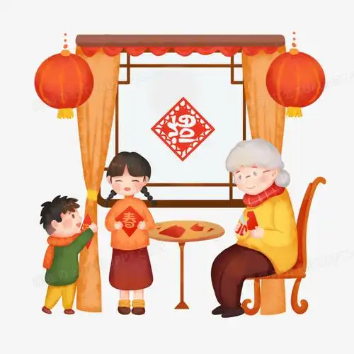 本作品全称为《卡通手绘老奶奶教孩子剪窗花元素》,使用 adobe