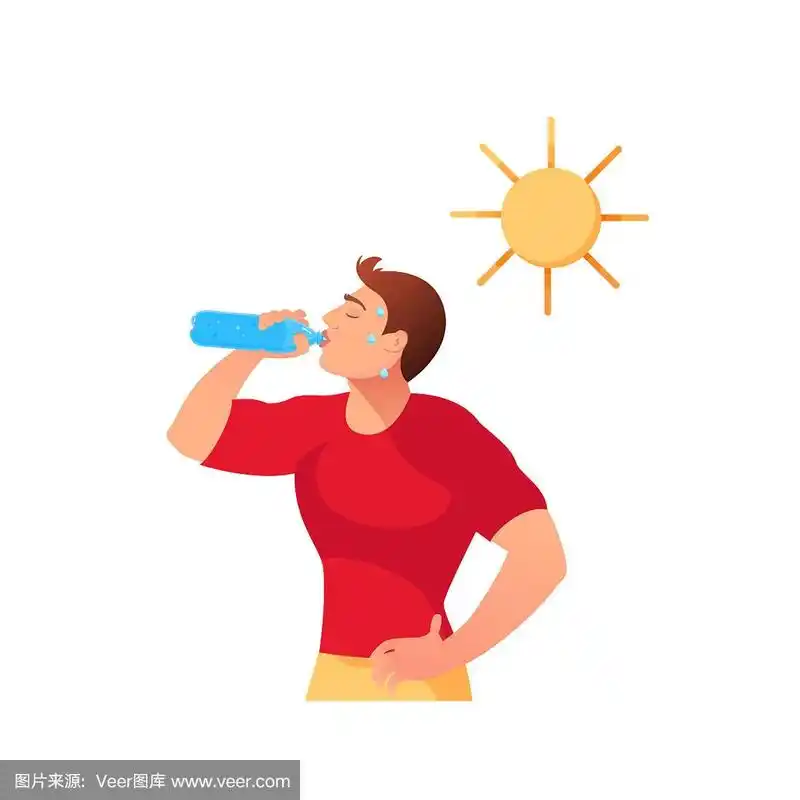 卡通青年在太阳下喝水.酷热的概念.矢量图