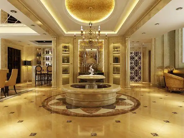 进门映入眼帘的就是直线的玄关造型墙,圆形的吊顶金箔壁纸的点缀和