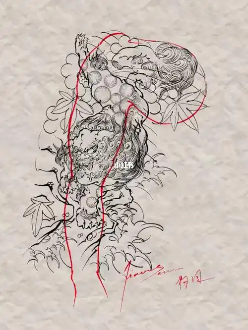 传统花臂半甲唐狮子手稿设计_纹身_设计_花臂_广州火刺文化传播有限