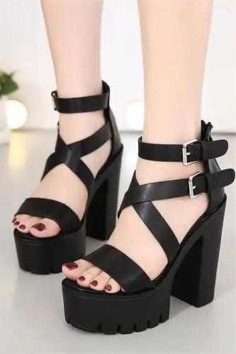 性感罗马凉鞋女夏新款欧美风细带厚底粗跟超高跟鞋夜店13cm高