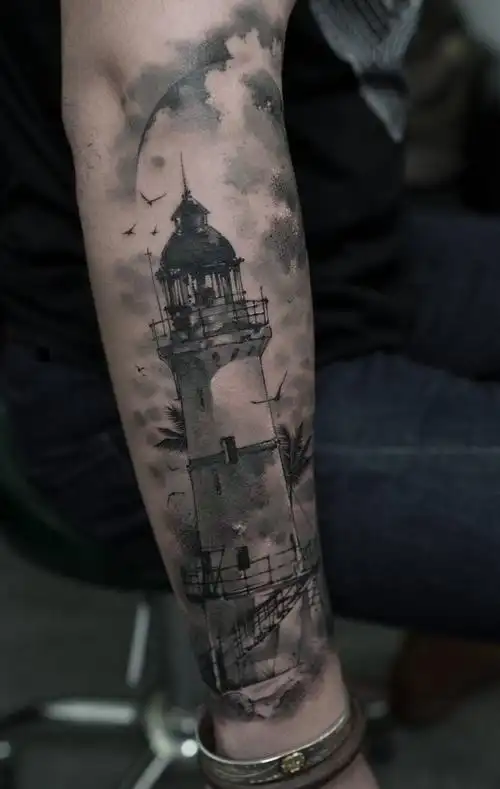 灯塔纹身图片手臂手部欧美写实水彩纹身图案