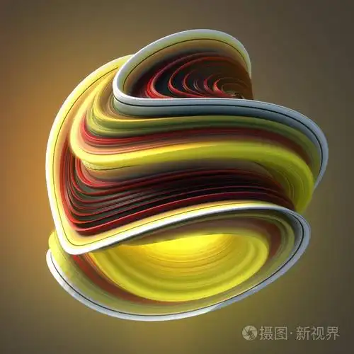 黄色和红色的扭曲的形状计算机生成抽象几何3d渲染图