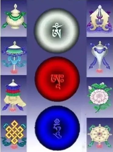 双掌翻转,掌心朝天,双掌朝向梵顶盖 过去,同时长诵"嗡"字,观想头顶上