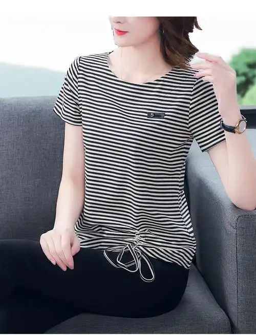 恒源祥同款条纹短袖t恤女2020年夏季新款中年女装韩版修身ins洋气抽绳