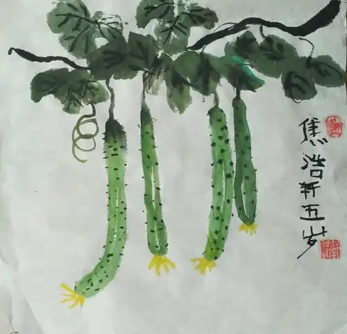 作品名称:黄瓜 作者姓名: 焦浩轩 作者年龄:岁 作品类别: 国画 奖