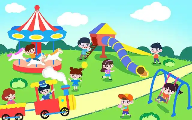 卡通儿童乐园插画气球滑梯马戏团过山车热气球草坪彩旗插画风儿童乐园