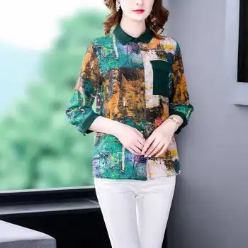 柒貔中老年人女装衬衫春秋装印花真丝女中长款妈妈时尚桑蚕丝上衣bnr