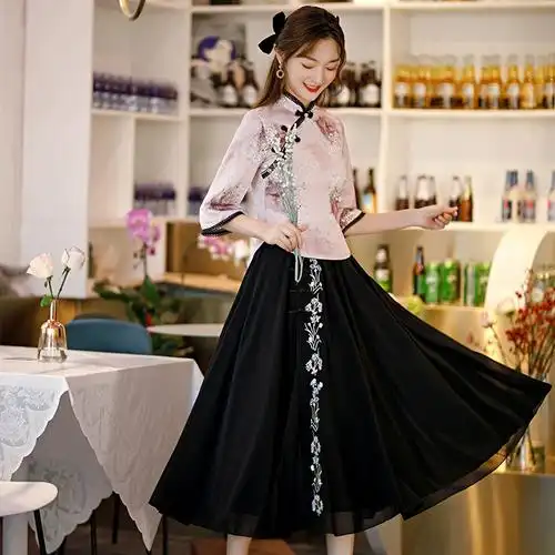 日常清新改良旗袍连衣裙套装新款春夏季少女清新雪纺旗袍