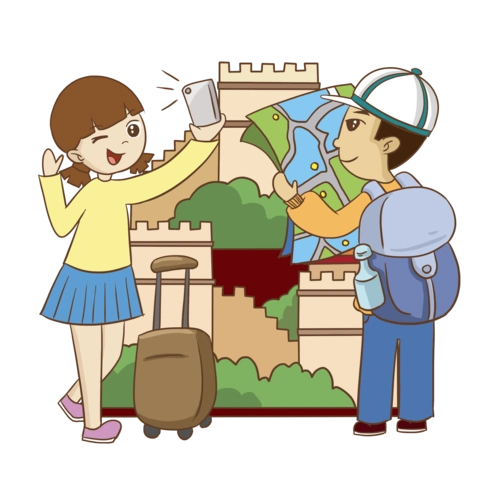 创意卡通户外旅行自拍插画