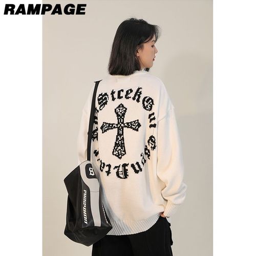 rampage软糯慵懒复古毛衣男女同款宽松冬季十字架字母刺绣针织衫