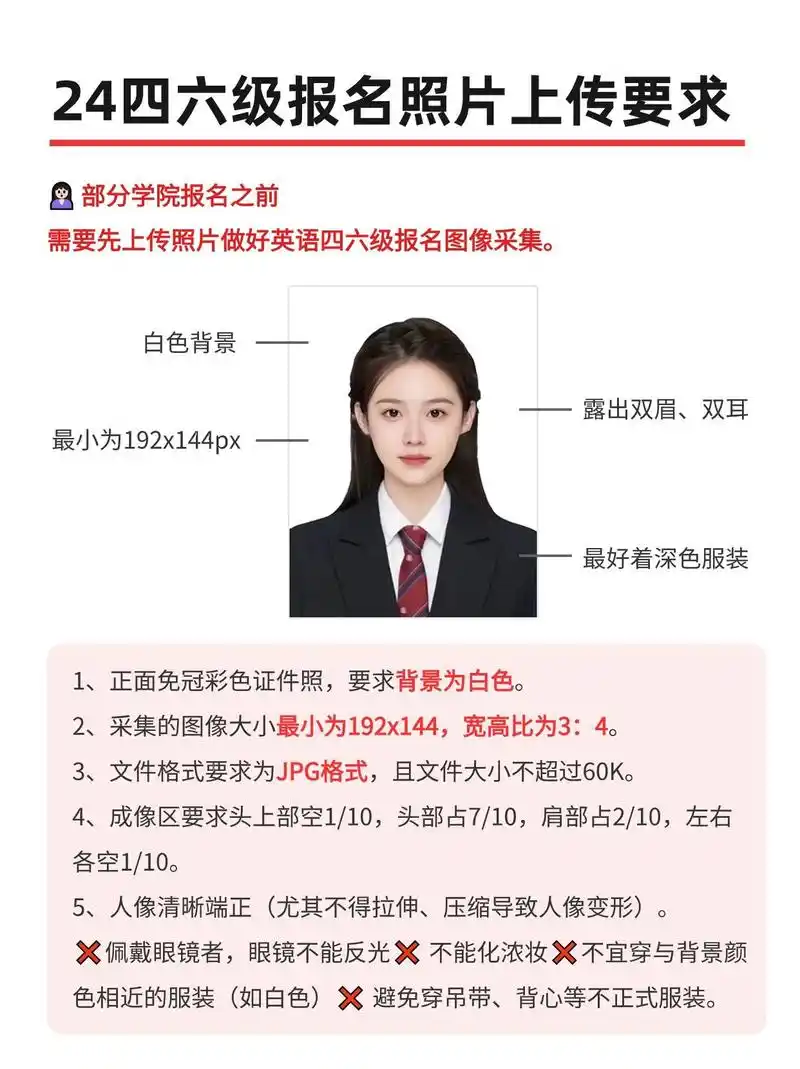 7324四六级报名照片上传要求 1,正面免冠彩色证件照,要求背景为