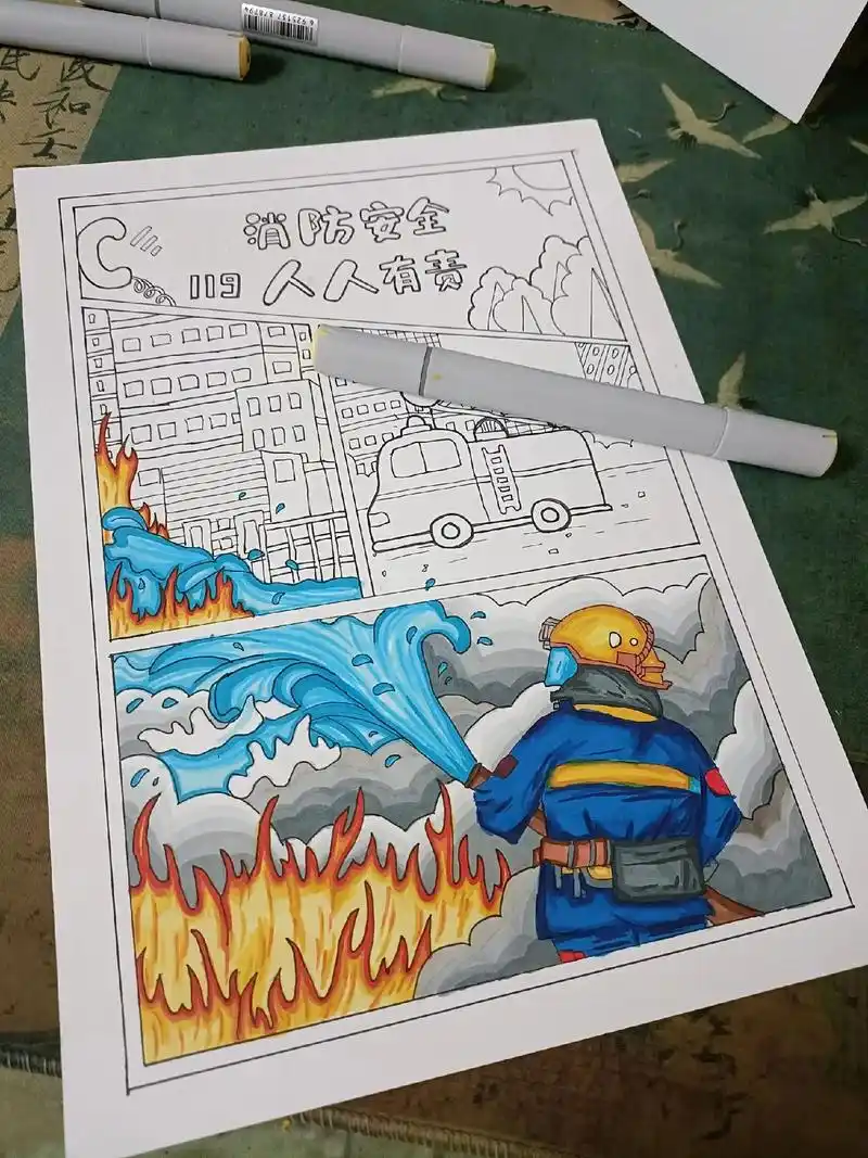 消防安全主题绘画#马克笔手绘 #参赛作品 - 抖音