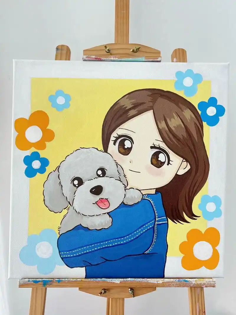 丙烯画 | 抱着宠物狗的小女孩98.