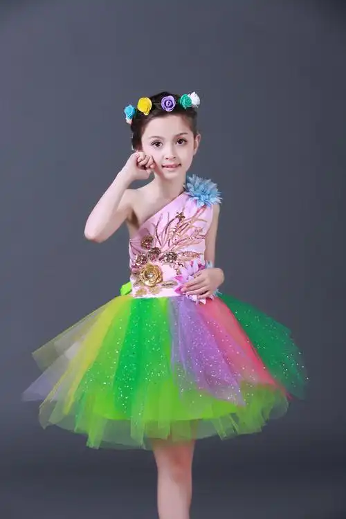 2017新款六一儿童节演出服女童七彩公主裙幼儿园舞蹈服批发