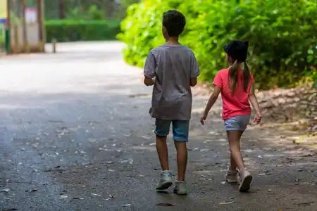 友好的男孩和女孩.兄妹在公园散步,后视图照片