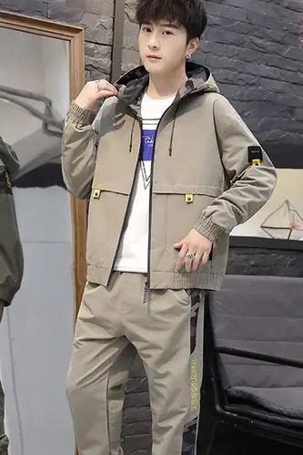 春季新款男士套装韩版休闲纯色百搭潮男装夹克男两件套时尚帅气学生