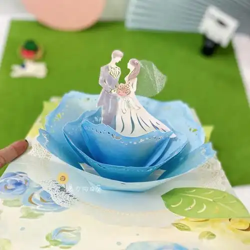 日本浪漫立体贺卡3d蓝玫瑰婚礼告白结婚誓词贺卡