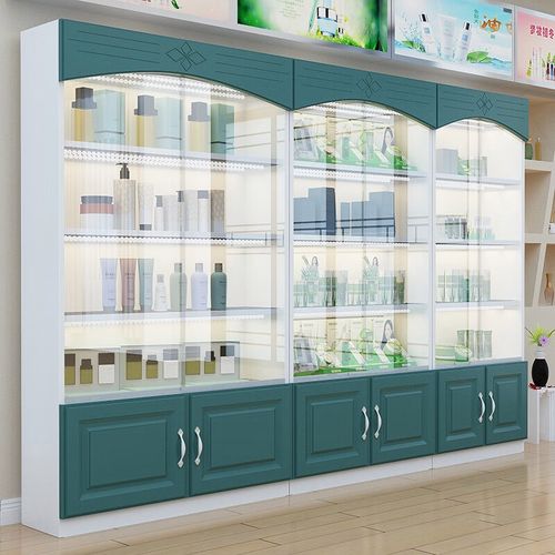 展柜化妆品展示架透明玻璃门带锁美容产品货柜陈列柜储物柜定制 蓝