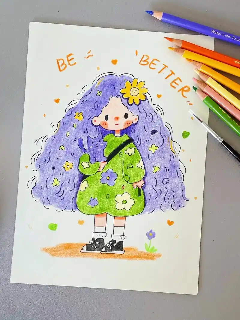 可爱小女孩.彩铅治愈小画.有宝子要的涂色过程来啦,和我一起画 - 抖音