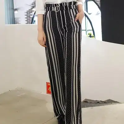 竖条纹阔腿裤女长裤垂坠感休闲直筒显高显瘦宽松高腰裤a7k192011