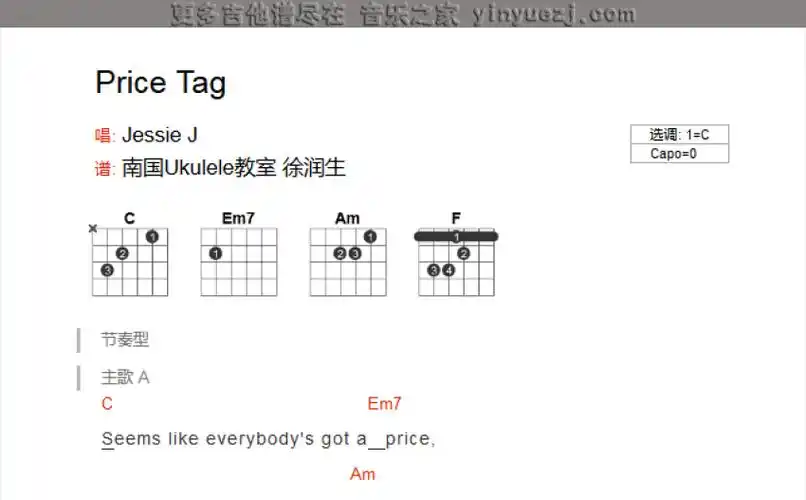 jessiejpricetag吉他谱c调吉他弹唱谱和弦谱