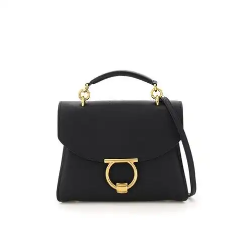 ferragamo菲拉格慕女士时尚百搭简约大方黑色荔枝纹翻盖金属装饰手提