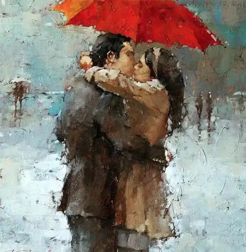 雨中红裙女子的背影俄罗斯画家安德烈科恩的油画