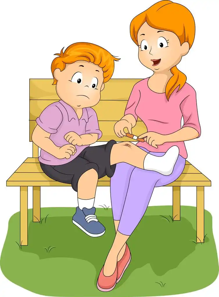 急救妈妈,白种人的母亲,在她的儿子受伤的膝盖上绑绷带的插图