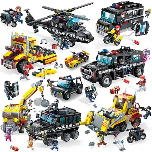 古迪城市特警反恐悍马警车黑鹰直升机警察场景玩具儿童拼装积木车