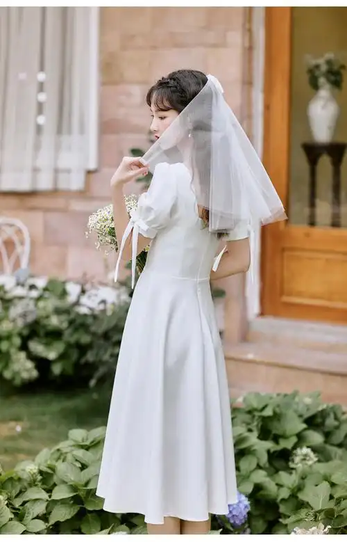 头纱领证登记小白裙复古小个子礼服裙子平时可穿连衣裙白色衣服头纱s