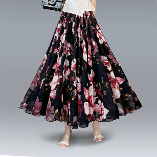 雪纺半身裙中长款妈妈夏季跳舞松紧冰丝裙子太阳长裙碎花