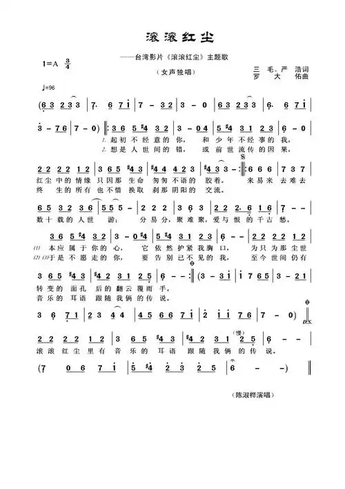 陈淑桦 滚滚红尘_歌谱歌词_曲谱资料