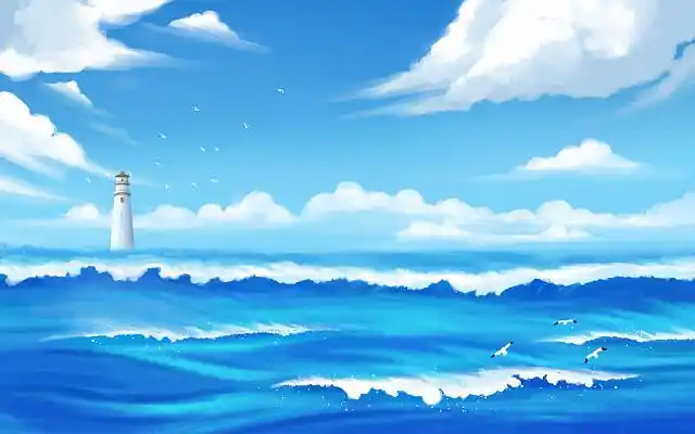卡通海浪背景手绘大海插画蓝色天空海面灯塔蓝天白云