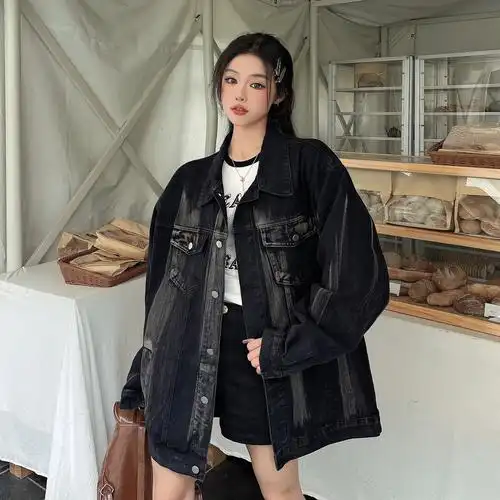 现货大码胖mm黑色牛仔外套女韩版宽松休闲百搭扎染工装夹克ins潮 - 17