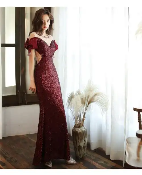 宴会晚礼服裙女鱼尾2020新款气质大气红色长款气场女王主持人高端 酒