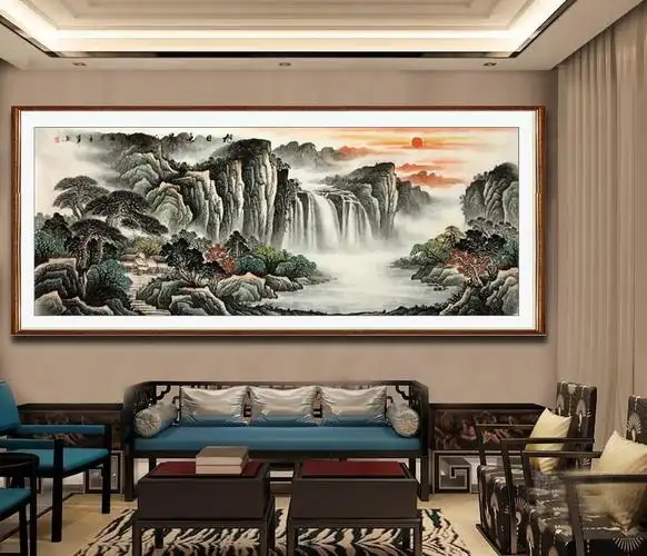 纯手绘国画山水中式水墨画招财客厅办公室风水靠山图横幅装饰挂画