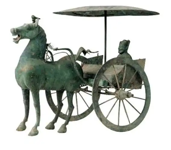 车双辕前曲,连衡带轭有轨.两轮重毂,辐条12支.