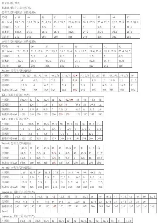 鞋子尺码对照表-耐克,阿达,锐步-详细完整尺码对照表
