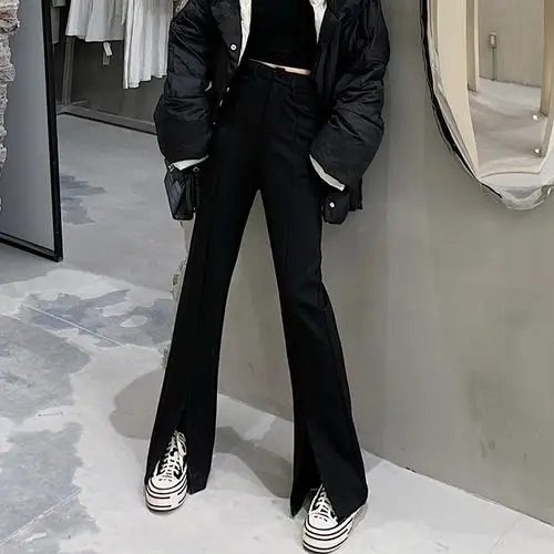 晶爷微喇叭裤女高腰显瘦垂坠感春秋2021年新款直筒开叉黑色阔腿裤