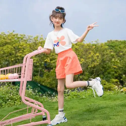 1124#纯棉女童夏套装2022新款中大童洋气时髦儿童装10岁女孩网红 - 17