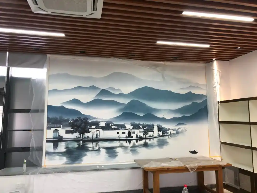 办公司背景墙彩绘#墙绘 #山水画  - 抖音