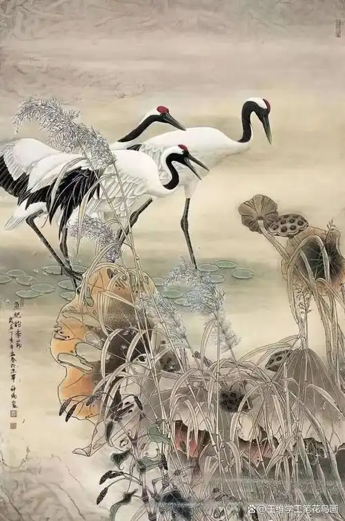 窦申清工笔仙鹤图