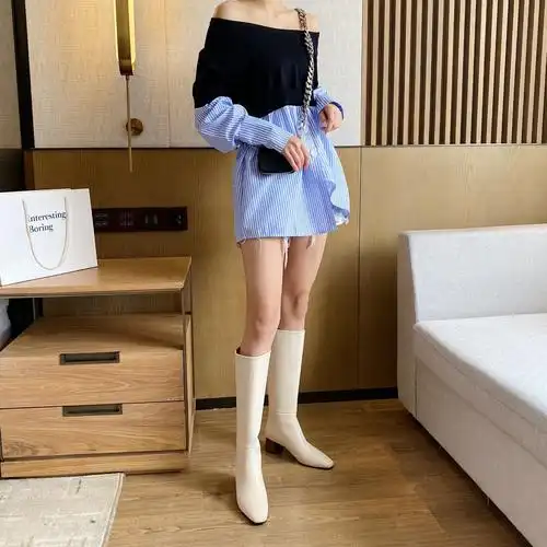 高筒靴子2022年新款秋冬泫雅中筒高跟鞋长筒靴尖头细跟白色长靴女