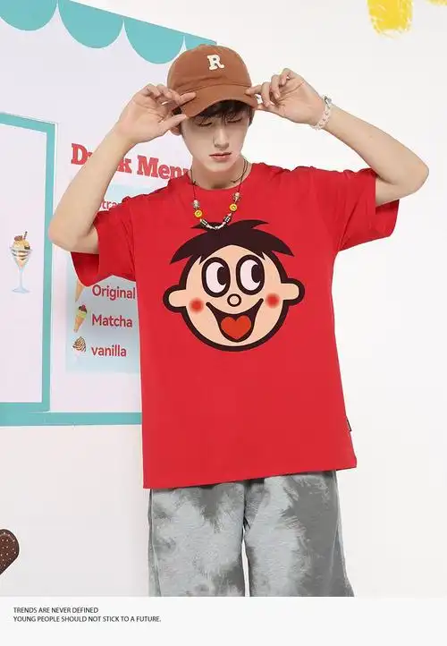 旺仔衣服短袖精神小伙套装牛奶男服装红色旺旺t恤体恤紧身儿夏 短袖黑