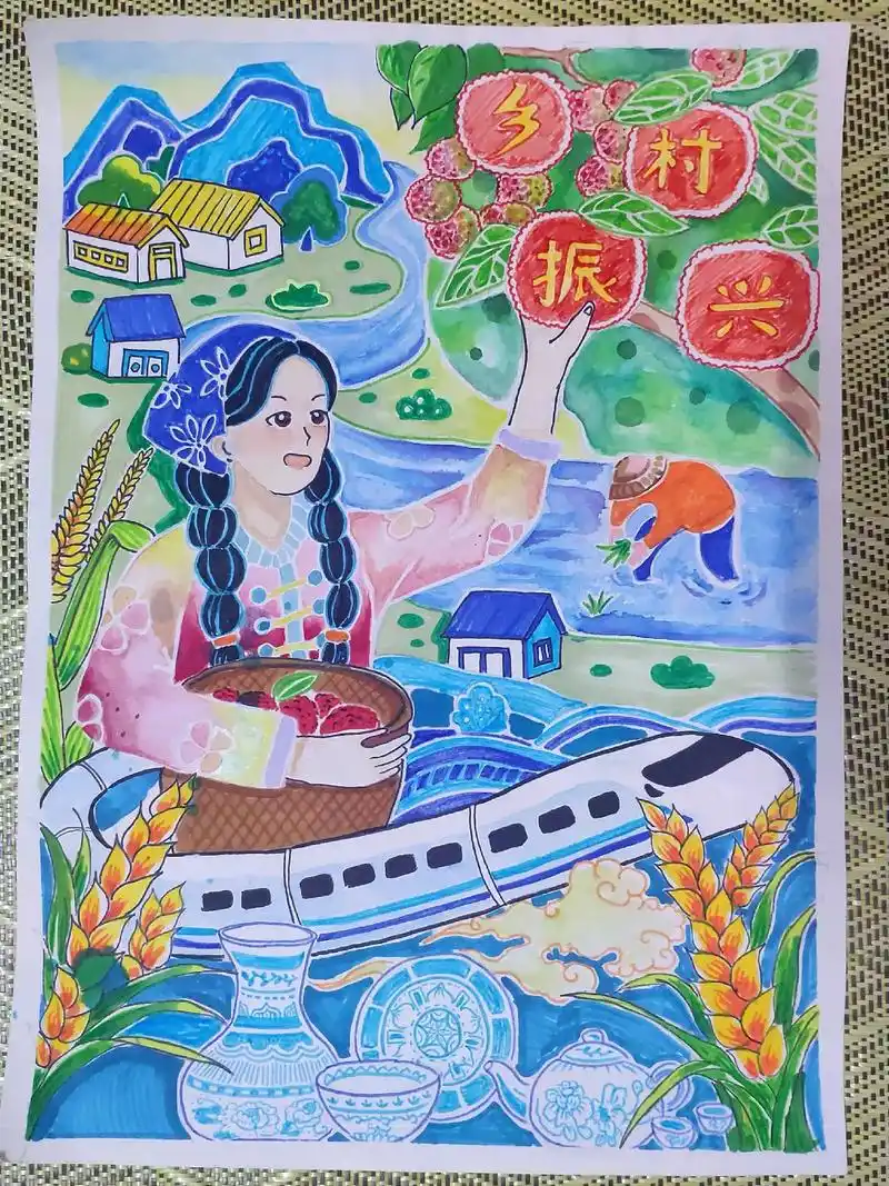 乡村振兴主题画.#主题画 #简笔画#儿童画 #视传考研 #画 - 抖音